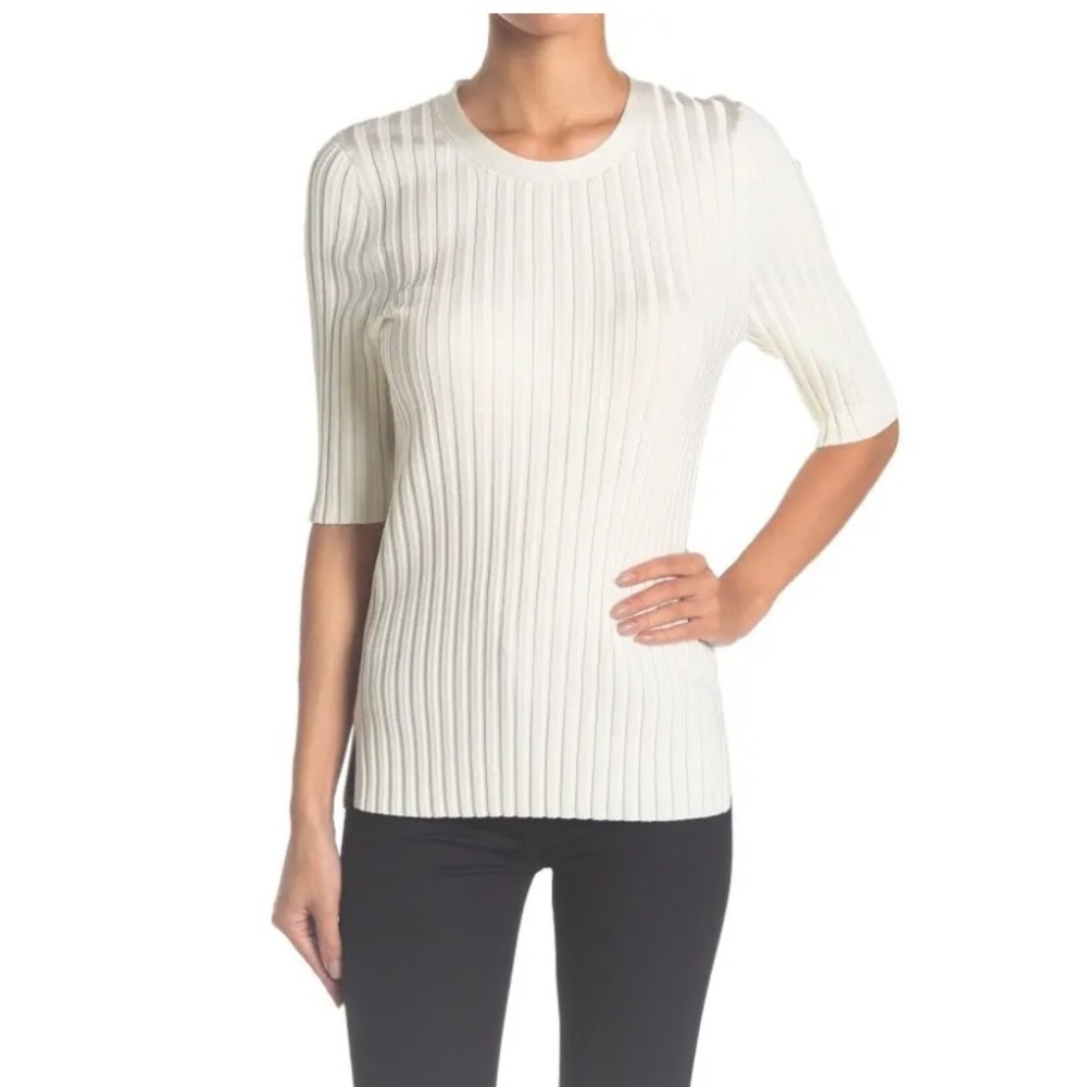 Veronica Beard Cream Crew Neck Ribbed Sweater | L